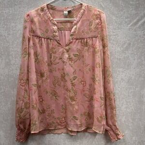Joie Boho Floral Blouse Women Size M Pink Tie Neck Smocked Cuffs